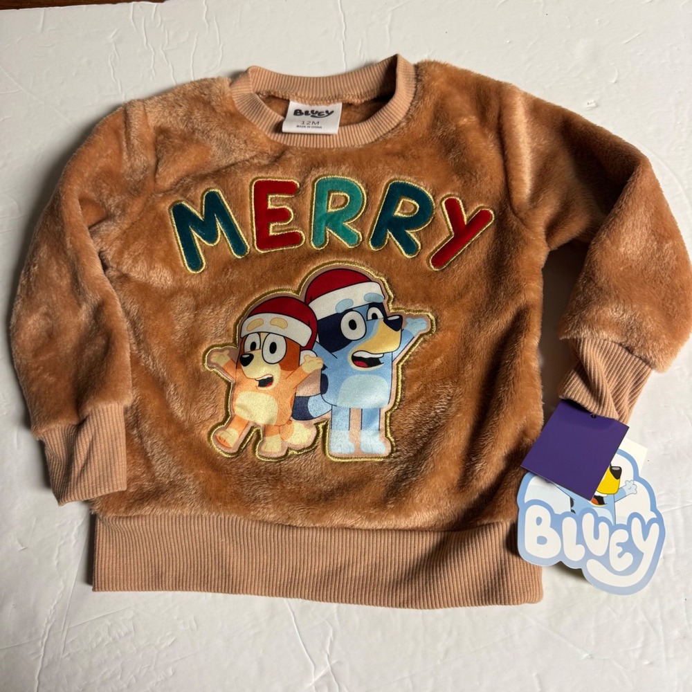 Bluey Christmas Sweater Toddler 12M Merry Plush Holiday Pullover New